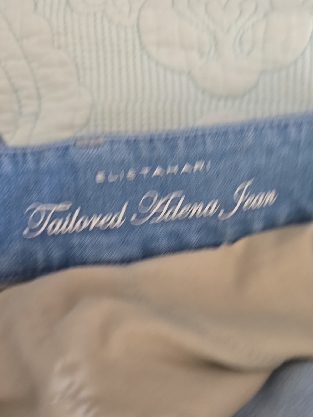 Elie Tahari Blue Denim Label with Tan Trim